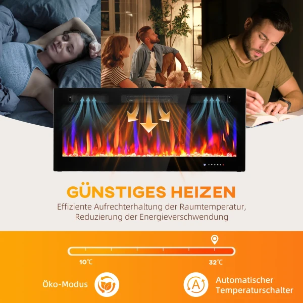 Elektrische haard, wandmontage, verstelbare vlammen, thermostaat, timer, staal, zwart 7