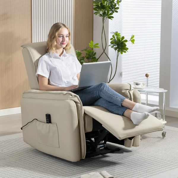 Elektrische massagestoel, kunstlederen bekleding, voetensteun, zijtas, beige 2