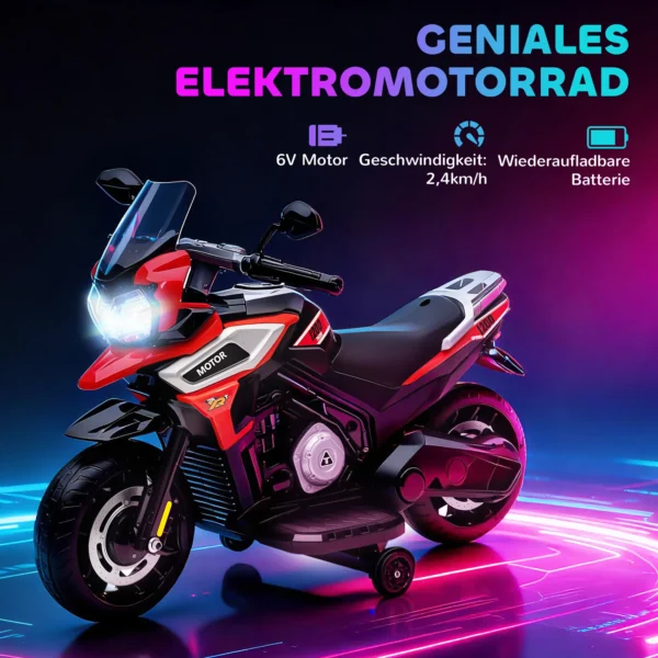 Elektrische Motorfiets Voor Kinderen Van 18 36 Maanden, Opzit Voertuig, Hulpwielen, Lichtjes, Muziek, Kunststof, Staal, Rood