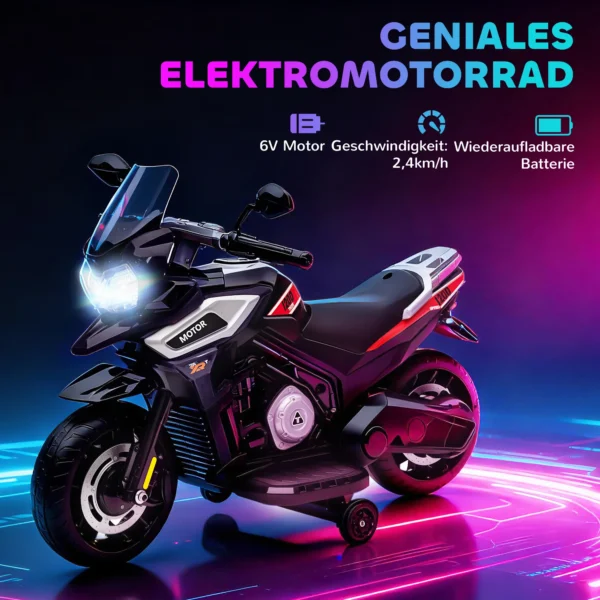 Elektrische Motorfiets Voor Kinderen Van 18 36 Maanden, Opzit Voertuig, Hulpwielen, Lichtjes, Muziek, Kunststof, Staal, Zwart