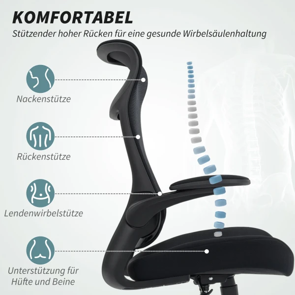 Ergonomische bureaustoel met 3d armleuningen, netstof rugleuning, s vormige rugleuning, hoofdsteun, kantelfunctie, zwart 5