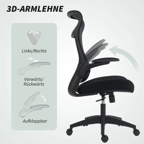 Ergonomische bureaustoel met 3d armleuningen, netstof rugleuning, s vormige rugleuning, hoofdsteun, kantelfunctie, zwart 7