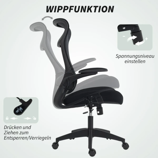 Ergonomische bureaustoel met 3d armleuningen, netstof rugleuning, s vormige rugleuning, hoofdsteun, kantelfunctie, zwart 9