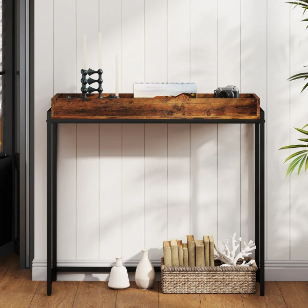 Flurtisch, Smalle Console Tafel, Metaal, Spaanplaat, Rustiek Bruin