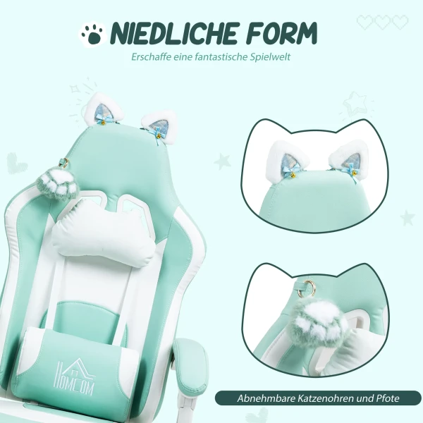 Gaming stoel met kattenoren, kantelbare rugleuning, uitschuifbare voetensteun, tot 120 kg belastbaar, zeegroen 5