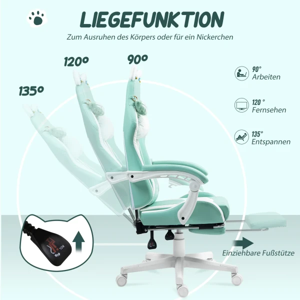 Gaming stoel met kattenoren, kantelbare rugleuning, uitschuifbare voetensteun, tot 120 kg belastbaar, zeegroen 7