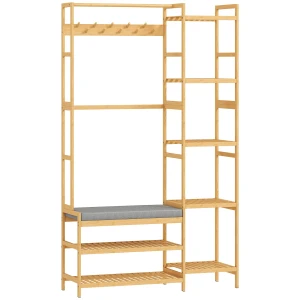 Garderoberek Met Schoenenrek, Kledinghaken, Kapstok, Zitbank Met Kussen, Voor Hal, Entree, Natuurlijk Hout