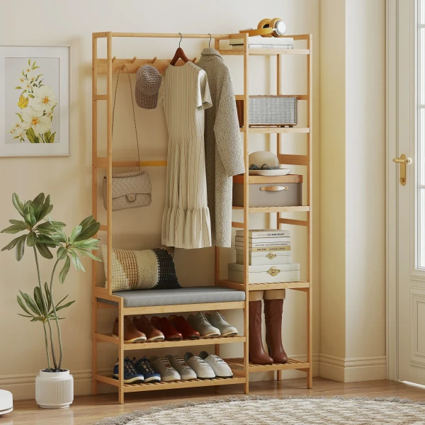 Garderoberek Met Schoenenrek, Kledinghaken, Kapstok, Zitbank Met Kussen, Voor Hal, Entree, Natuurlijk Hout