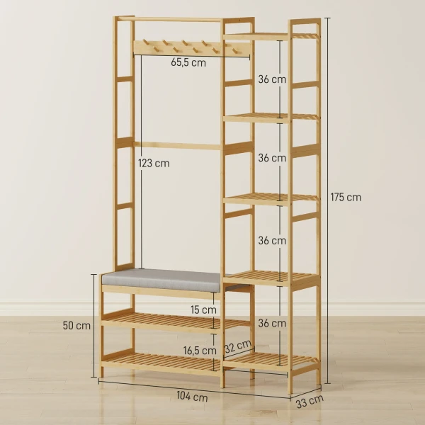 Garderoberek Met Schoenenrek, Kledinghaken, Kapstok, Zitbank Met Kussen, Voor Hal, Entree, Natuurlijk Hout