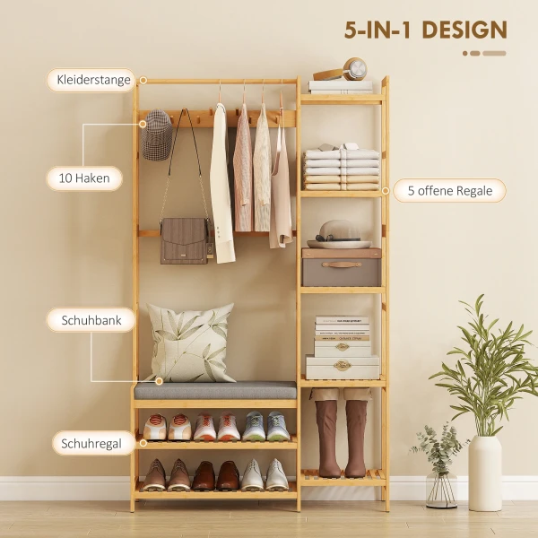 Garderoberek Met Schoenenrek, Kledinghaken, Kapstok, Zitbank Met Kussen, Voor Hal, Entree, Natuurlijk Hout