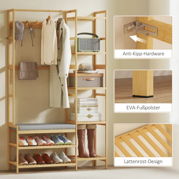 Garderoberek Met Schoenenrek, Kledinghaken, Kapstok, Zitbank Met Kussen, Voor Hal, Entree, Natuurlijk Hout