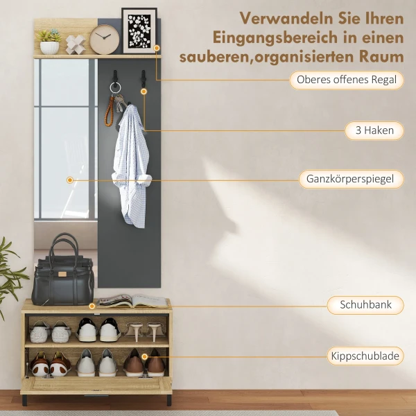 Garderobeset Voor Entree, Schoenenbank, Spiegel, 3 Haken, Open Rek, Gangmeubilair, Natuurhout+grijs