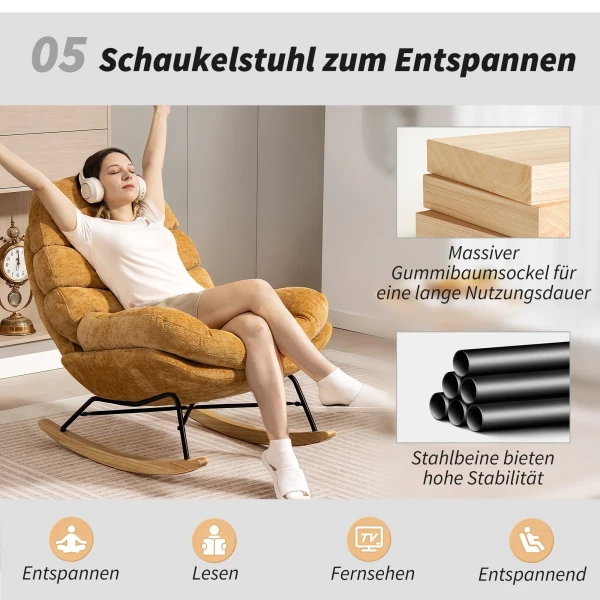 Gestoffeerde schommelstoel met stalen poten en houten glijders, geel 9