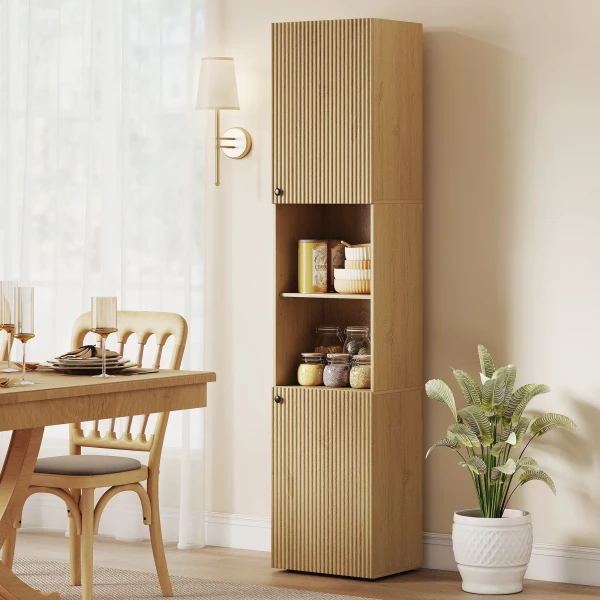 Hoge Badkamerkast, 6 Niveaus, 2 Kasten, 2 Open Rekken, Open Vakken, Hout, Eikenkleur