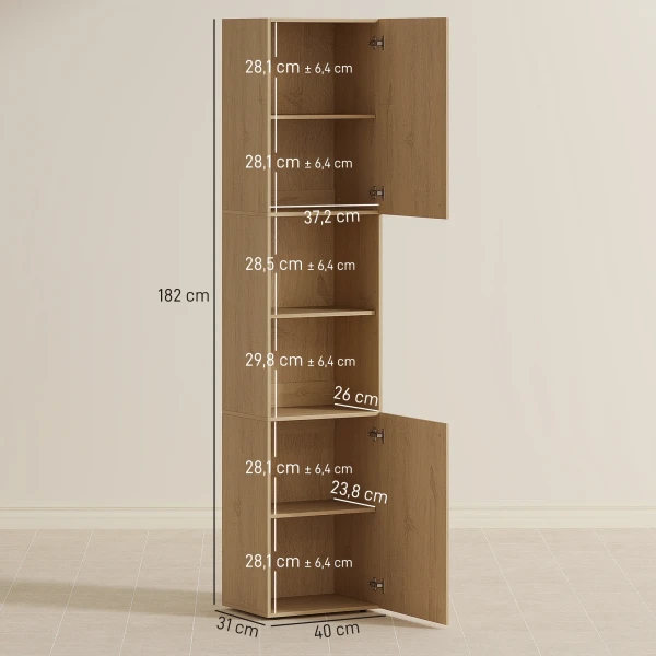 Hoge Badkamerkast, 6 Niveaus, 2 Kasten, 2 Open Rekken, Open Vakken, Hout, Eikenkleur