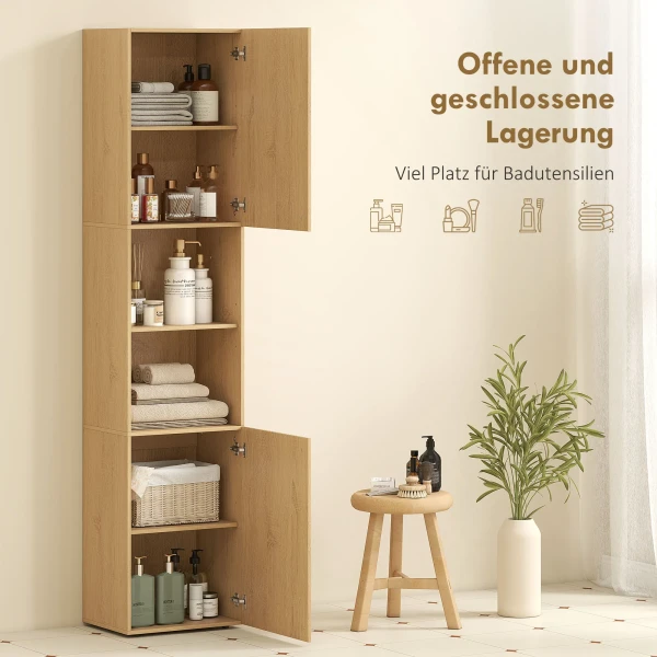 Hoge Badkamerkast, 6 Niveaus, 2 Kasten, 2 Open Rekken, Open Vakken, Hout, Eikenkleur
