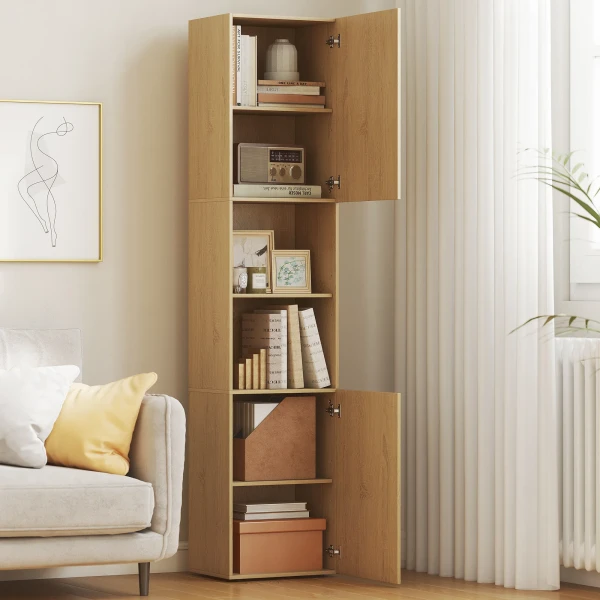 Hoge Badkamerkast, 6 Niveaus, 2 Kasten, 2 Open Rekken, Open Vakken, Hout, Eikenkleur