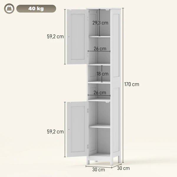 Hoge slanke badkamerkast met deuren, open rekken, 30 x 30 x 170 cm, wit 4