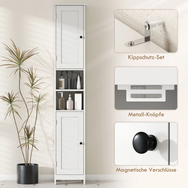 Hoge slanke badkamerkast met deuren, open rekken, 30 x 30 x 170 cm, wit 7