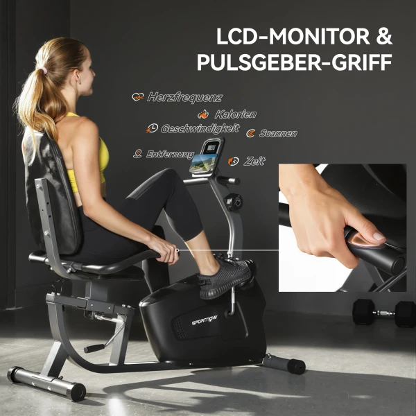 Hometrainer, Magnetisch Ligfiets, 8 Weerstandsniveaus, Verstelbaar, LCD Monitor, Metaal, Kunststof, Zwart
