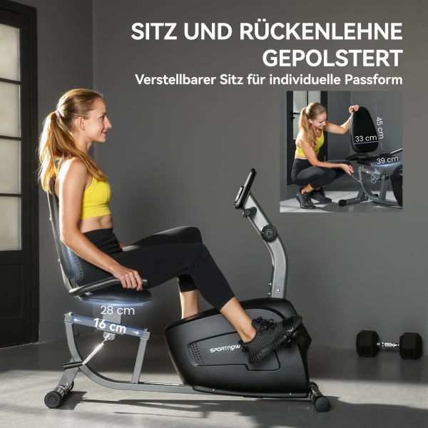 Hometrainer, Magnetisch Ligfiets, 8 Weerstandsniveaus, Verstelbaar, LCD Monitor, Metaal, Kunststof, Zwart