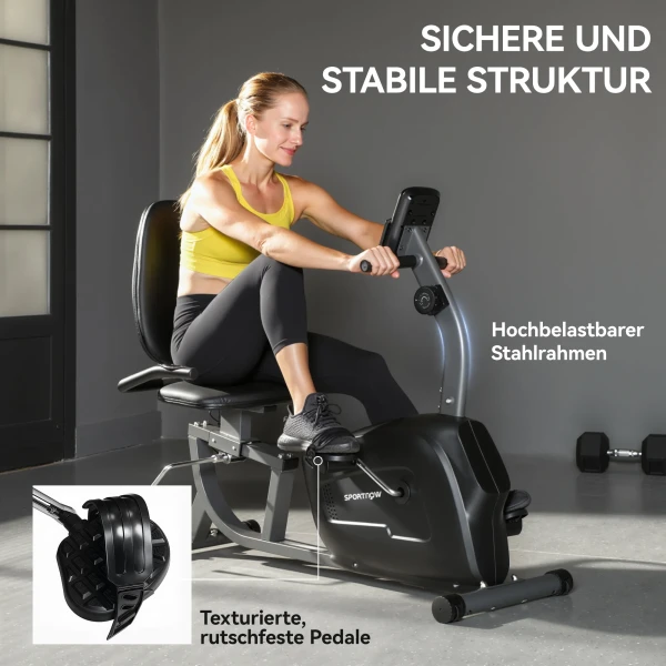 Hometrainer, Magnetisch Ligfiets, 8 Weerstandsniveaus, Verstelbaar, LCD Monitor, Metaal, Kunststof, Zwart
