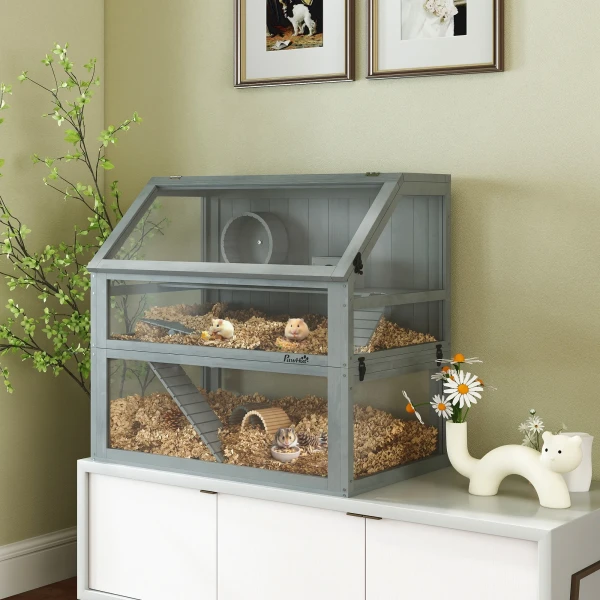 Houten Hamsterkooi, 3 Verdiepingen Met Diep Ondergronds, Verwijderbare Niveaus, Voor Kleine Dieren, 80x50x76cm, Lichtgrijs