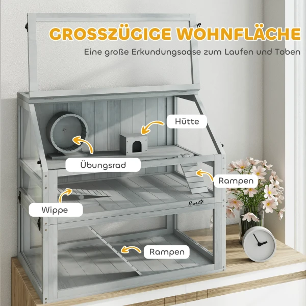 Houten Hamsterkooi, 3 Verdiepingen Met Diep Ondergronds, Verwijderbare Niveaus, Voor Kleine Dieren, 80x50x76cm, Lichtgrijs