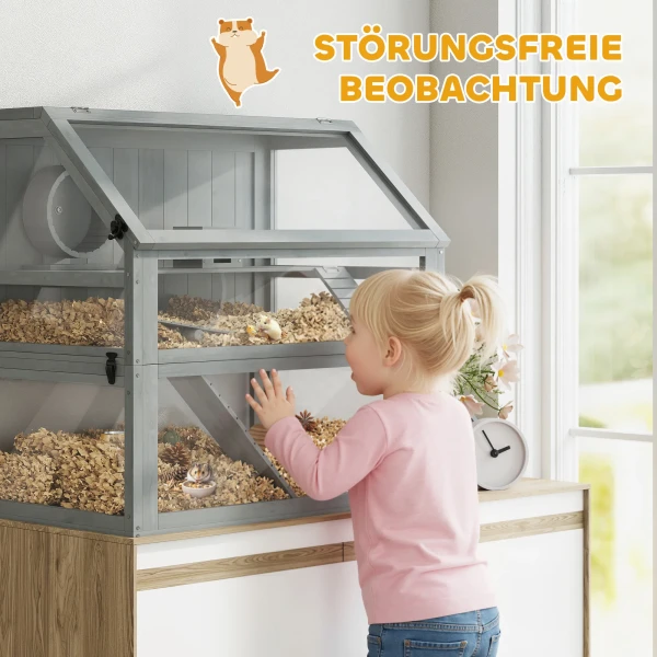 Houten Hamsterkooi, 3 Verdiepingen Met Diep Ondergronds, Verwijderbare Niveaus, Voor Kleine Dieren, 80x50x76cm, Lichtgrijs