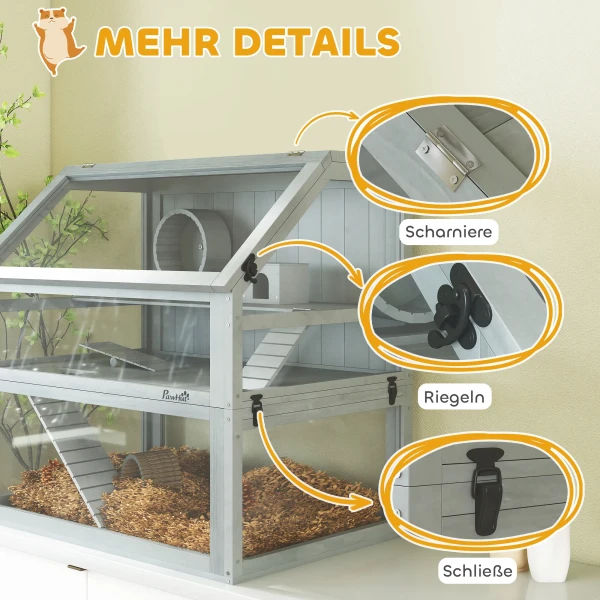 Houten Hamsterkooi, 3 Verdiepingen Met Diep Ondergronds, Verwijderbare Niveaus, Voor Kleine Dieren, 80x50x76cm, Lichtgrijs