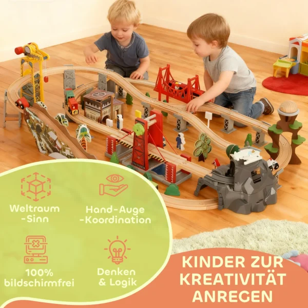 Houten Treinset, 100 Delen, Magnetische Kraan, Beukenhout, Kleurrijk