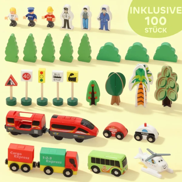 Houten Treinset, 100 Delen, Magnetische Kraan, Beukenhout, Kleurrijk