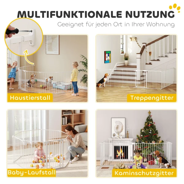 Huisdierhek, 8 paneels barrière met deur, opvouwbaar, voor kleine & middelgrote honden, kunststof, koolstofstaal, wit 5