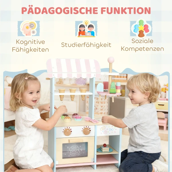 IJswagen Voor Kinderen IJssalon Kinderen 17 Stukken IJs Kinderkeuken Met 17 Accessoires, Oven, MDF, Lichtblauw