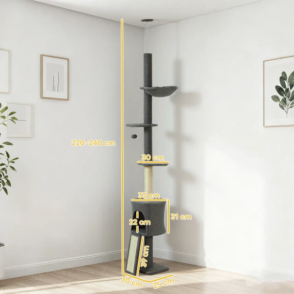 Kattenboom, hol, hangmat, verstelbare hoogte, krabboom met stoffen bekleding, grijs 4