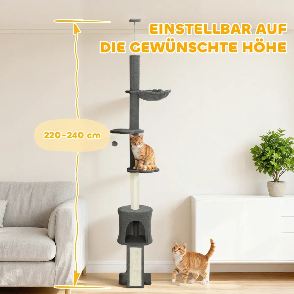 Kattenboom, hol, hangmat, verstelbare hoogte, krabboom met stoffen bekleding, grijs 5