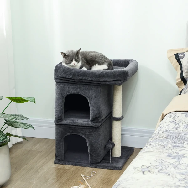 Kattenkrabpaal, kattentoren, 2 grotten, platform, sisalpalen, compact, donkergrijs 2