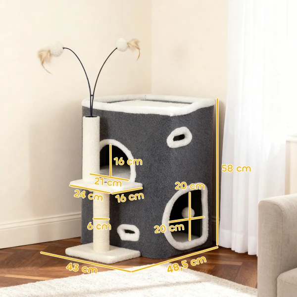 Kattenkrabpaal, top ligoppervlak, 2 verdiepingen huis, sisalpalen, grijs 4