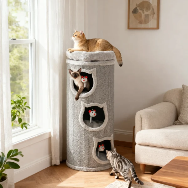 Kattenkrabton, 96 cm, 4 laags kattentoren met wasbaar bed, 3 slaapgrotten, hangend speelgoed, voor meerdere katten grijs 2