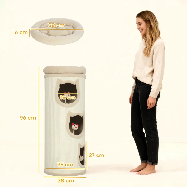 Kattenkrabton, 96 cm, 4 laags kattentoren met wasbaar bed, 3 slaapgrotten, hangend speelgoed, voor meerdere katten grijs 4