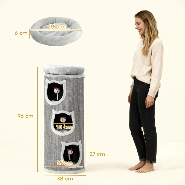 Kattenkrabton, 96 cm, 4 laags kattentoren met wasbaar bed, 3 slaapgrotten, hangend speelgoed, voor meerdere katten grijs 4