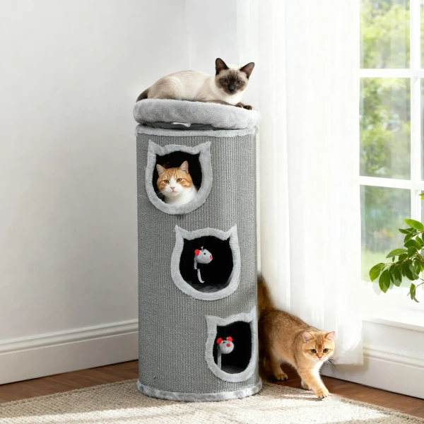 Kattenkrabton, 96 cm, 4 laags kattentoren met wasbaar bed, 3 slaapgrotten, hangend speelgoed, voor meerdere katten grijs 9