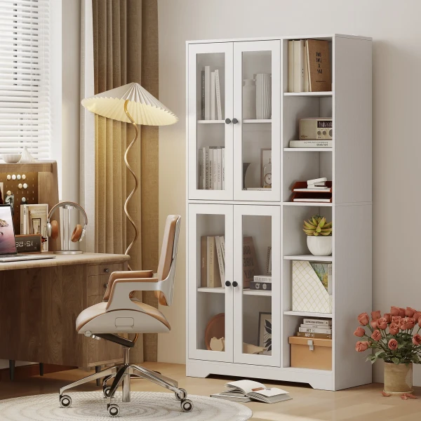 Keukenkast met glazen deuren, planken, open opbergruimtes, 172 cm hoog, mdf, wit 10