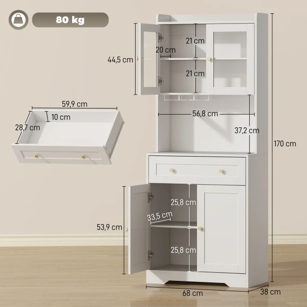 Keukenkast Met Werkblad, Wijnglashouder, Voorraadkast Voor Keuken, Eetkamer, 170 Cm, MDF, Glas, Wit