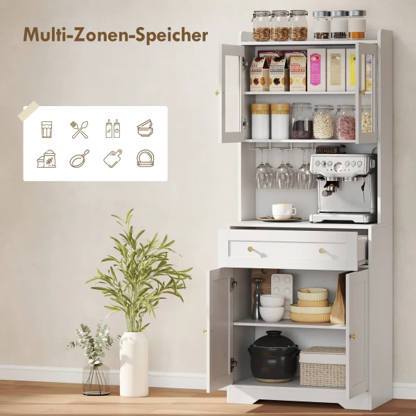 Keukenkast Met Werkblad, Wijnglashouder, Voorraadkast Voor Keuken, Eetkamer, 170 Cm, MDF, Glas, Wit