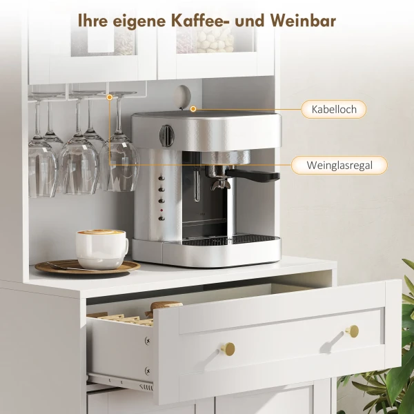 Keukenkast Met Werkblad, Wijnglashouder, Voorraadkast Voor Keuken, Eetkamer, 170 Cm, MDF, Glas, Wit