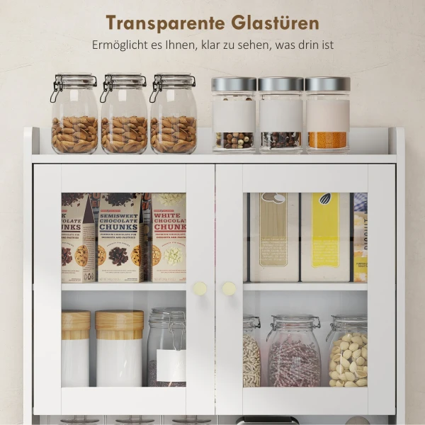 Keukenkast Met Werkblad, Wijnglashouder, Voorraadkast Voor Keuken, Eetkamer, 170 Cm, MDF, Glas, Wit