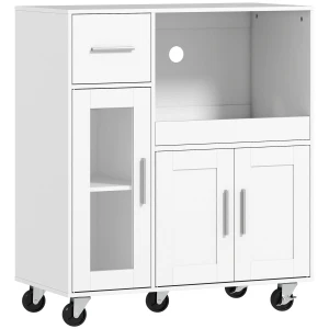 Keukenkast Op Wielen, Mobiele Keukenkast Met Planken, Lades, Verstelbaar Rek, Kabelgat, Wit