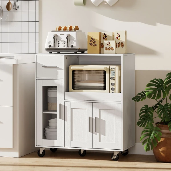 Keukenkast Op Wielen, Mobiele Keukenkast Met Planken, Lades, Verstelbaar Rek, Kabelgat, Wit