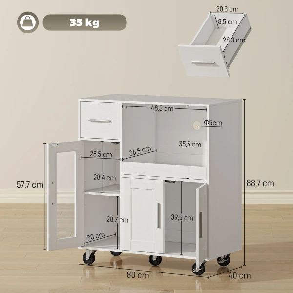 Keukenkast Op Wielen, Mobiele Keukenkast Met Planken, Lades, Verstelbaar Rek, Kabelgat, Wit